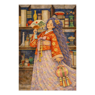 Póster Chica soñadora coreana con Hanbok, abanico y Norig