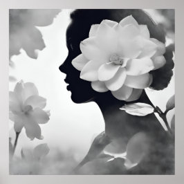Póster Chica soñadora de magnolia blanca Moderna negra y 