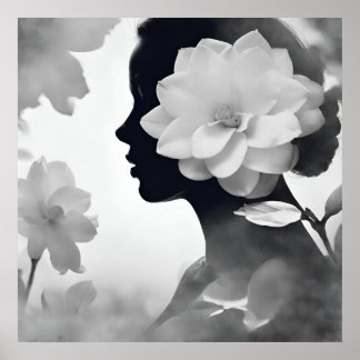 Póster Chica soñadora de magnolia blanca Moderna negra y