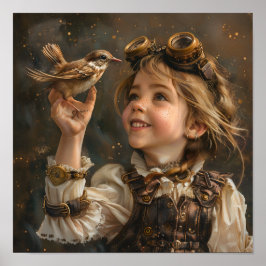 Póster Chica Steampunk con pájaro
