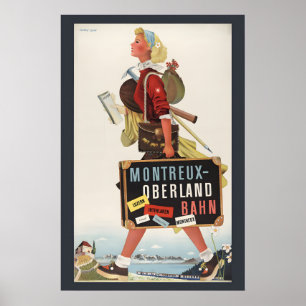 Póster Chica Suiza Montreux Oberland Bahn Vintage