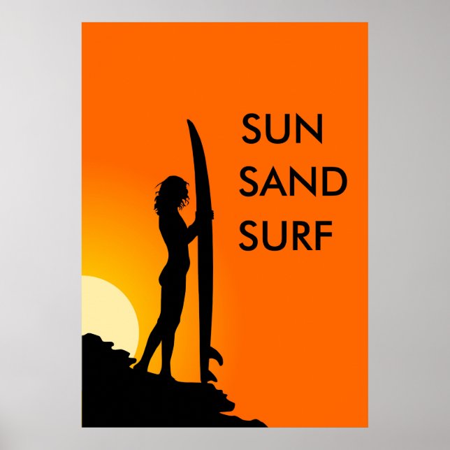Póster Chica Surfer Sunset con tabla de surf, Sun y Sand  (Frente)