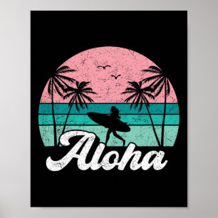 Póster Chica surfista Aloha Hawái Surfing hawaiano vintag
