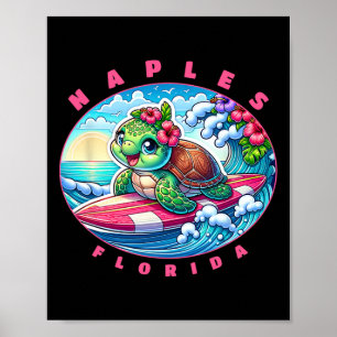 Póster Chica Surfista Bonita Tortuga Marina Nápoles Flori