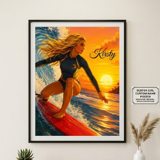 Póster Chica surfista dinámica puesta de sol nombre perso