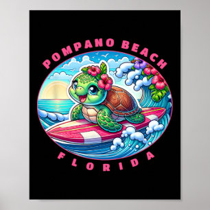 Póster Chica Surfista Lindo Pompano Beach Florida Tortuga