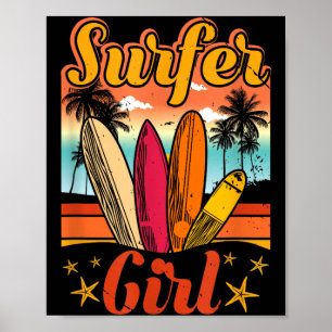 Póster Chica surfista playa retro vintage surf 70