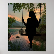 Chica Swinging Silhouette Lake Summer Sunset
