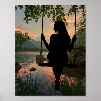 Póster Chica Swinging Silhouette Lake Summer Sunset