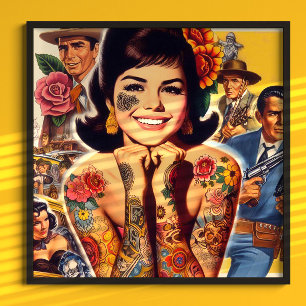 Póster Chica Tatuada al Estilo Antiguo