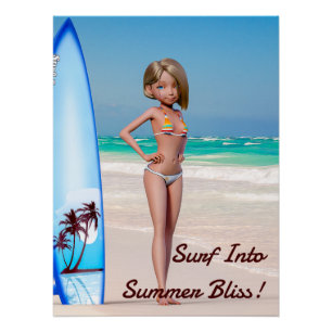 Póster Chica Toon Surfer posando a orillas del mar