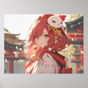 Póster Chica tradicional de anime de pelo rojo en el temp