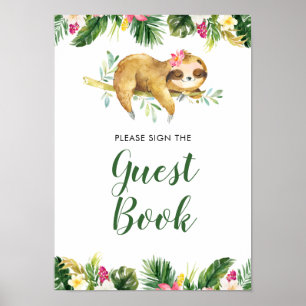 Póster Chica tropical Sloth Baby Shower Guest Book