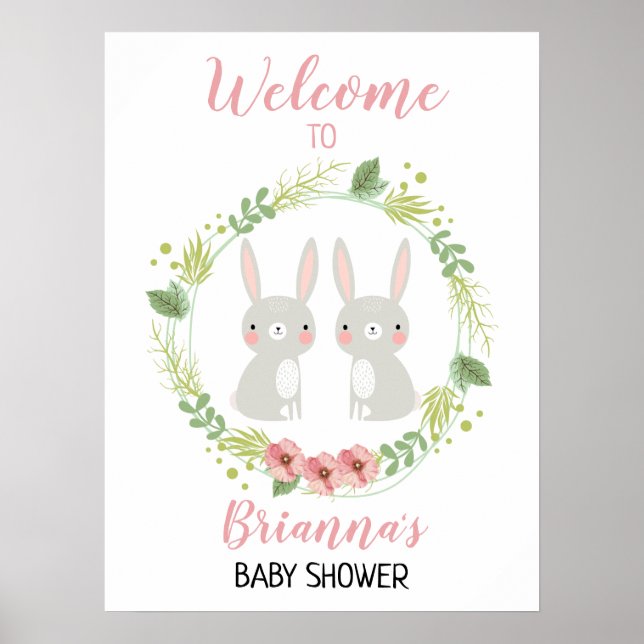 Póster Chica Twin Bunny Bienvenidos al Rótulo Baby Shower (Frente)