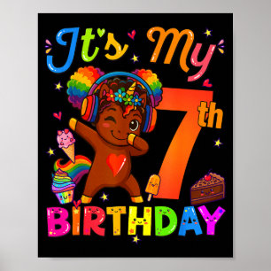 Póster Chica Unicornio Afro 7º Cumpleaños Pelo Natural Af