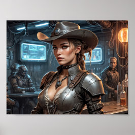 Póster Chica vaquera espacial con armadura cibernética