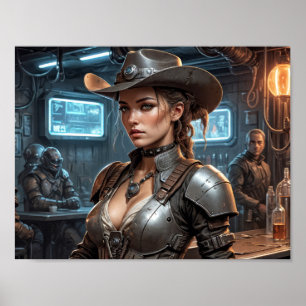Póster Chica vaquera espacial con armadura cibernética