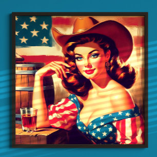 Póster Chica vaquera estadounidense retro pinup