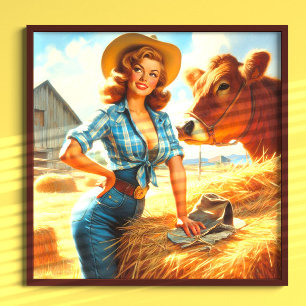 Póster Chica vaquera vintage pin-up