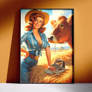 Póster Chica vaquera vintage pin-up linda