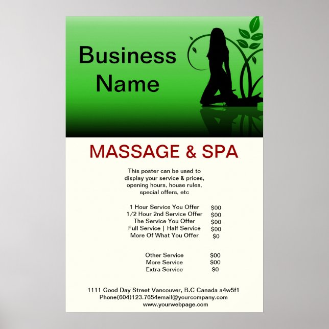 Póster Chica Verde Spa Masaje Salón De Belleza Poster (Frente)