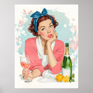 Póster Chica Vintage con Champán Rosado