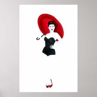 Póster Chica vintage de pin-up - Paraguas Rojo