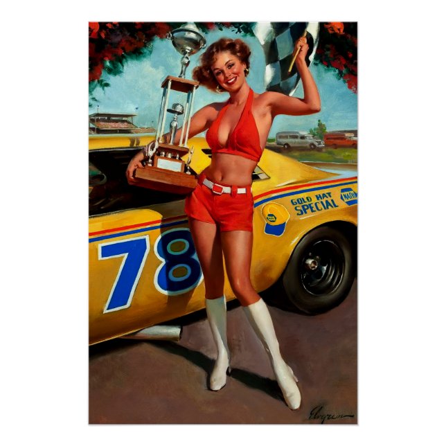 Póster Chica Vintage Retro Car Race Pin Up (Anverso)