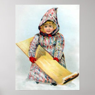 Póster Chica Vintage Winter Sledding