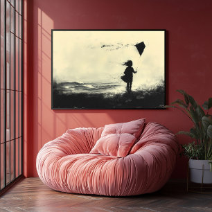 Póster Chica volando cometa en la orilla del Dusk - carbó