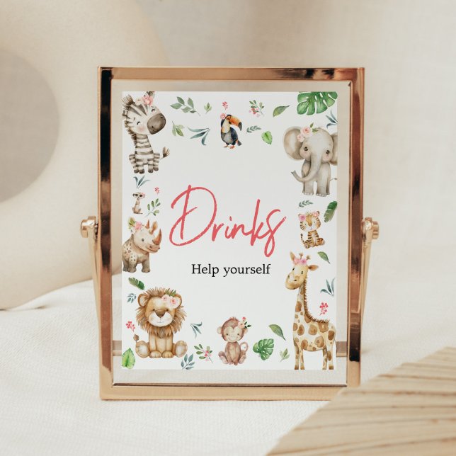 Póster Chica Wild One Safari Bebe Baby Shower (Floral Wild One Safari Animals Baby Shower Drinks Sign)
