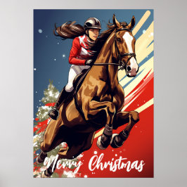 Póster Chica y caballo saltando Feliz Navidad
