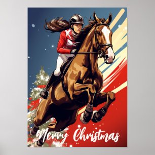 Póster Chica y caballo saltando Feliz Navidad