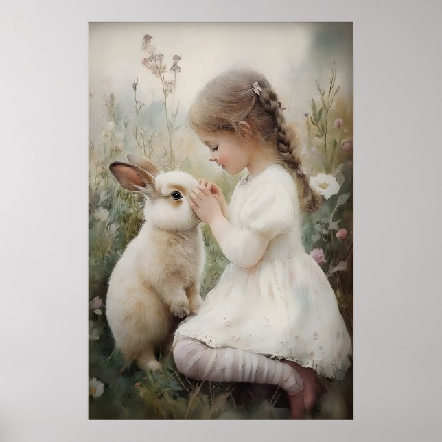 Póster Chica y conejo estampado de conejito, pueblo de co (Frente)