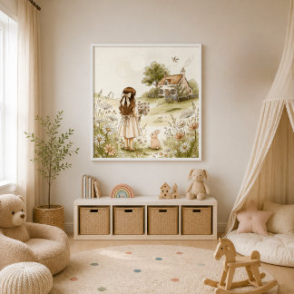 Póster Chica y conejo vintage en acuarela | Cottagecore