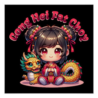 Póster Chica y dragón de Año Nuevo chino