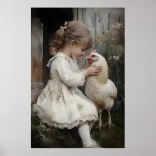 Póster Chica y estampado de pollo, Rustico Cottagecore