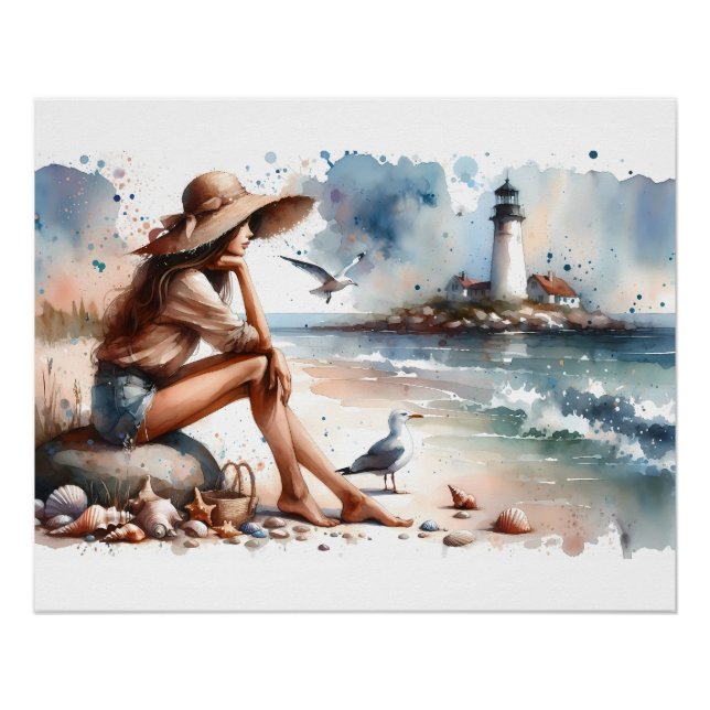 Póster Chica y faro de playa costera (Anverso)