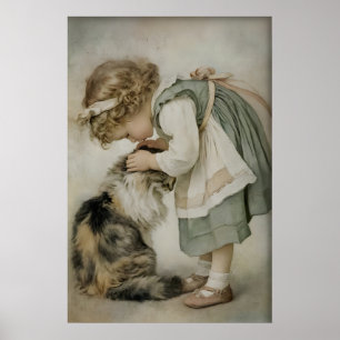 Póster Chica y gato grabado antiguo, verde salvia rústico