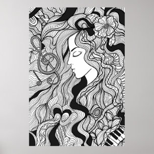 Póster Chica y música. Ilustracion de época. Ropa negra