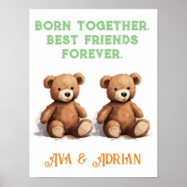 Póster Chica y niño gemelos, ositos de peluche,