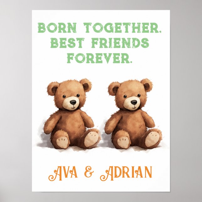 Póster Chica y niño gemelos, ositos de peluche, (Frente)