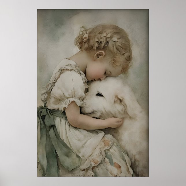 Póster Chica y perro grabado antiguo, verde salvia rústic (Frente)