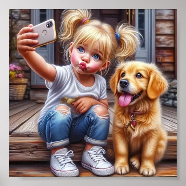 Póster Chica y Poster de la pared de selfie de perro (Frente)