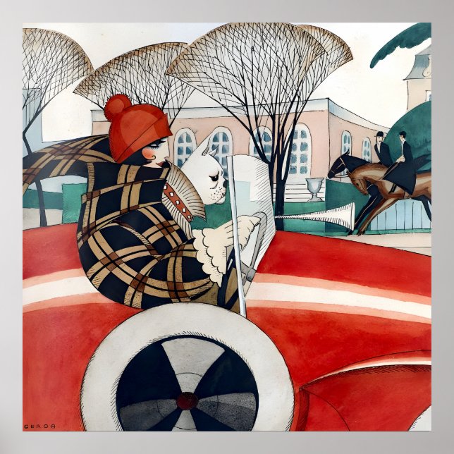 Póster Chica y pug en un automóvil (1927) de Gerda Wege (Frente)