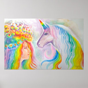 Póster Chica y unicornio de cabello arcoiris