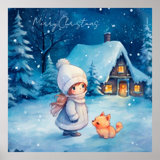 Póster Chica y zorro pequeño en Navidades (Frente)