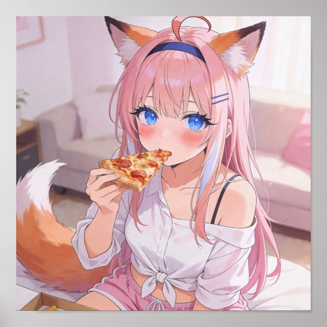 Póster Chica zorro de pelo rosa comiendo pizza (Frente)