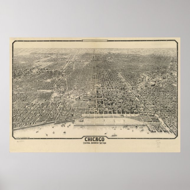 Póster Chicago 1916, IL Birds Eye View Panoramic Map (Frente)