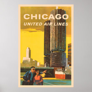 Póster Chicago - Cartel de Viajes Antiguo de United Air L